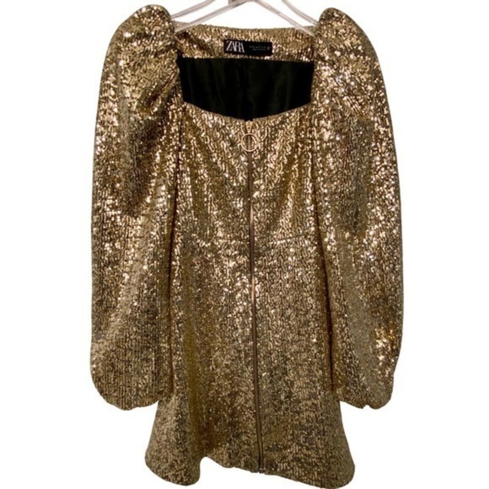 ZARA Gold Sequin Puffy Sleeve Square Neck Zipper Party Dress Glam Size XS